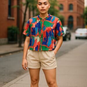 Women’s Funky Crinkly Cotton Colorful Cropped  Blouse Summer Vacation Quirky S